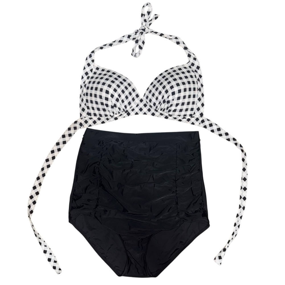 Black and White Gingham High Waist Tie Top Triangle Bikini Set